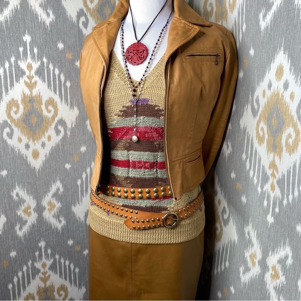 Ralph Lauren Tan Multi Southwest Aztec Hand-Knit Linen Silk V-Neck S/S Sweater - Picture 2 of 16